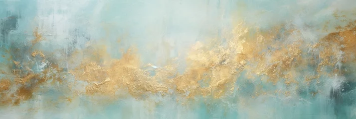 Poster Abstract watercolor paint background by teal color blue and green and glistering gold with liquid fluid texture for background or banner with space for text. © PEPPERPOT