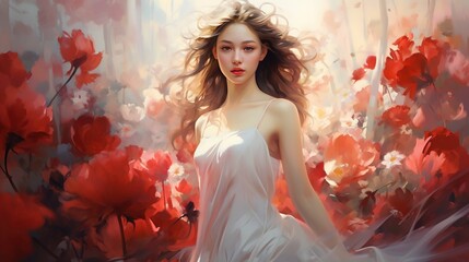 painting style illustration, beautiful woman walking in flower garden, Generative Ai	

