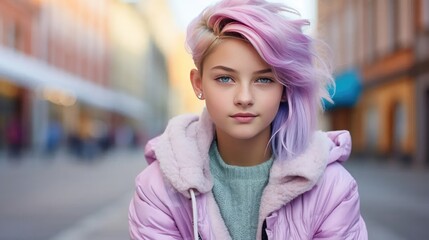 Fashion flair: cute kid with pastel chalk-dyed hair in the city. Showcase the vibrant hairstyle and urban street style.