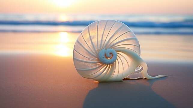 The graceful curves of a spiral seashell on the beach, capturing the essence of the ocean.