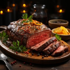 A large piece of pork roasted in the oven, a festive serving of food, sliced ​​steak. Protein-rich food, traditionally a festive dish for a feast