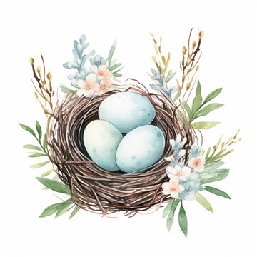 Easter Banner with Painted Eggs in Nest and Spring Flowers Isolated on White Background. Watercolour Illustration with Copy Space.