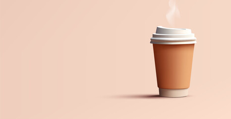 Paper coffee cup with a 3D lid. Realistic brown cup with a drink for cafe design concepts, and logo placement. Vector