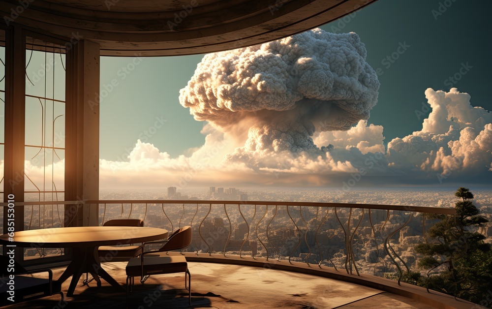 Canvas Prints the mushroom cloud explodes at the city view from the balcony.