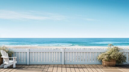 Embrace seaside living: terrace with wooden white fence overlooking the ocean. coastal view and serene atmosphere.