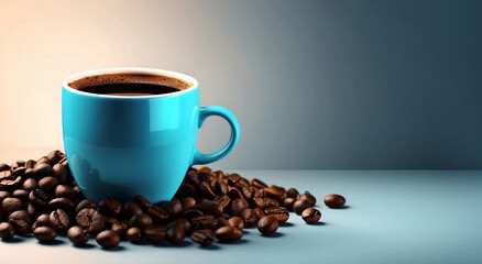 A realistic Cup of Coffee with coffee beans advertisement background with space for text at the side - AI Generative