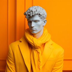A classical statue head dons a vivid yellow suit and scarf, juxtaposing ancient stoicism with modern fashion on an orange backdrop