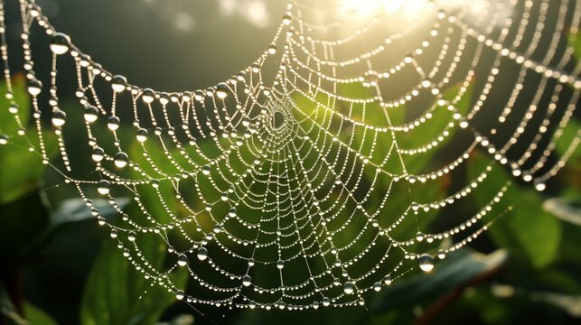 The mesmerizing geometry of a spider's web covered in morning dew.