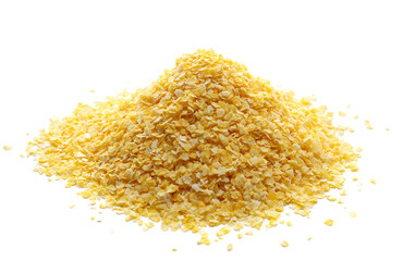 Pile corn flakes isolated on white background, side view