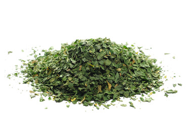 Chopped dry parsley leaves, pile isolated on white, side view
