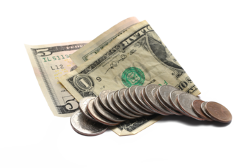 Set dollars metal, cash money, coin and dollar bill isolated on white, side view