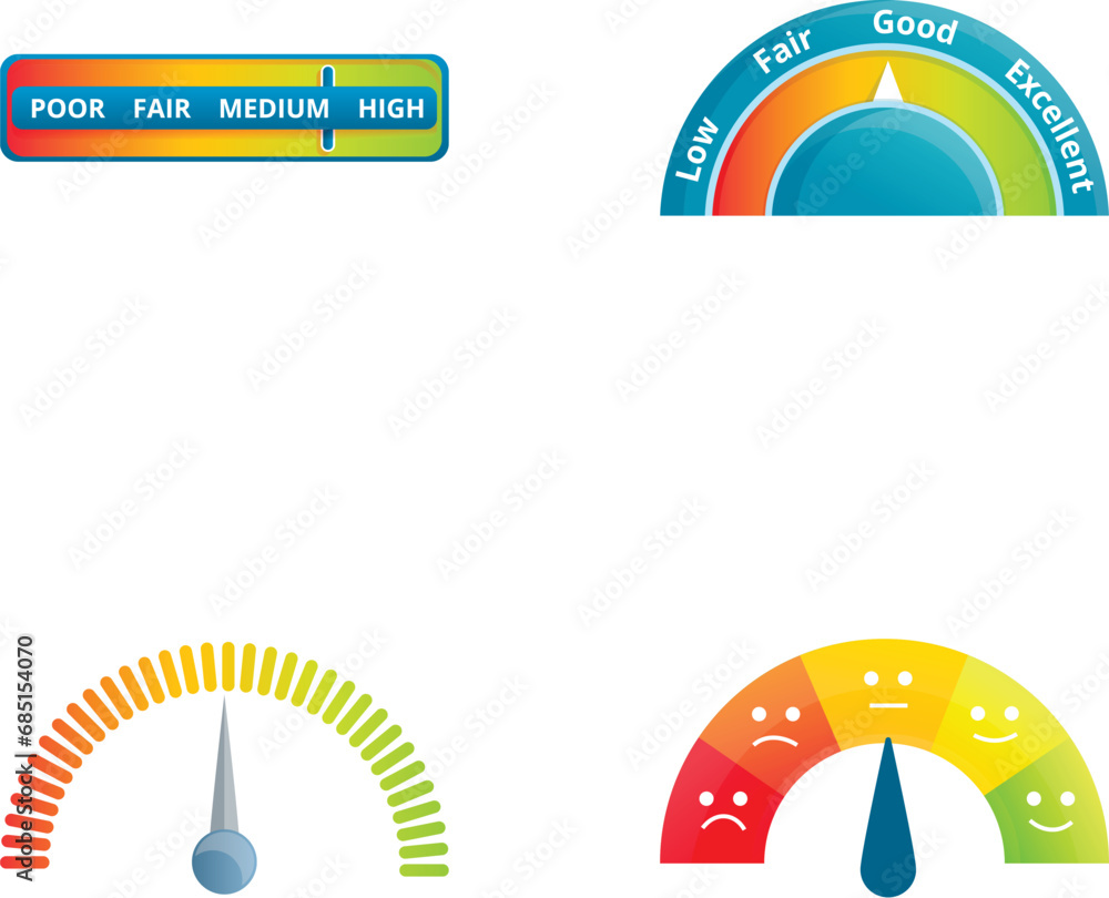 Poster speedometer icons set cartoon vector. various measuring device. indicator, measurement concept