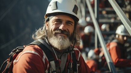 A male electrician at work wearing a New Year's Santa hat. A guy with a beard, a professional working on the street, fixing breakdowns.