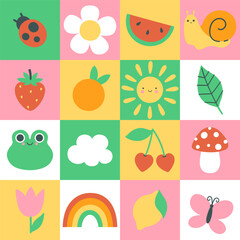 Checkered seamless pattern with summer items. Vector graphics.