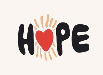 hope with love icon typoghraphy organic doodle shapes matisse style, naive art, contemporary backgrounds. beach and mountains vector illustration