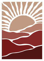 sunset and sunrise mountain lanscape panorama organic doodle shapes matisse style, naive art, contemporary backgrounds. beach and mountains vector illustration