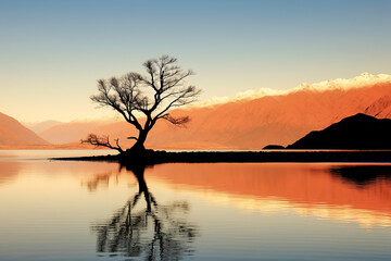 bare tree on a small island in a lake, with snow-capped mountains in the background, under an orange and pink sky, ai generative
