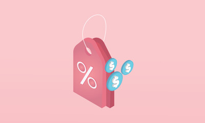 3d minimal online shopping tag price 3d render vector, discount coupon of cash for future use. sales with an excellent offer 3d for shopping online, Special offer promotion. on pastel background