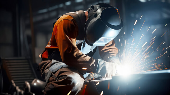 welder at work in a dark industrial workshop, with sparks flying from the bright light of the welding torch, ai generative