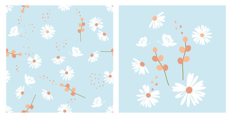 Seamless pattern with daisy flower and butterfly on blue background vector. Daisy icon set and orange berry branch icon.
