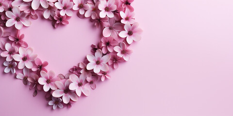 Obraz premium Floral heart shape border with flower paper heart on pink background for Valentines, Women, Mother Day greeting invitation graphic design. In Love.