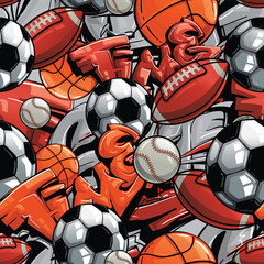 Sport seamless pattern with soccer ball, basketball, rugby ball, football, baseball. Sports repeat print. Footballs endless ornament. Equipment for sport.