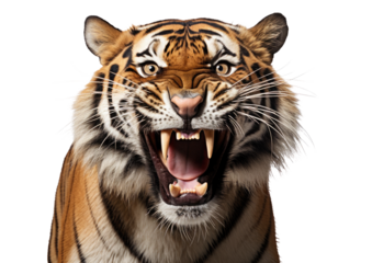 Retrato de un tigre rugiendo con un fondo blanco, fuerza, poder, fiereza