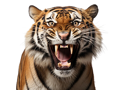 Retrato de un tigre rugiendo con un fondo blanco, fuerza, poder, fiereza