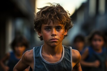 The determined gaze of a young boy as he races showcasing mental strength in competitive running, runner image - Powered by Adobe