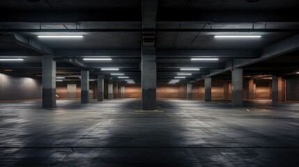 Visualize urban solitude: almost empty parking garage with industrial loft aesthetics. - obrazy, fototapety, plakaty