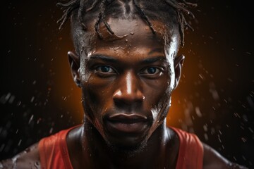 Close up of male runner focused face and sweating strides mid race, runner image