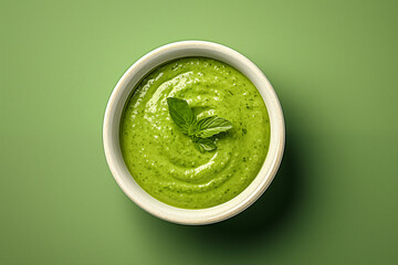 Pesto sauce in a ceramic bowl, top view, close-up. Greeen background, space for text.