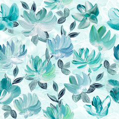 Seamless pattern of abstract painting turquoise flowers, original hand drawn, impressionism style, color texture, brush strokes of paint,  art background. - 685156444