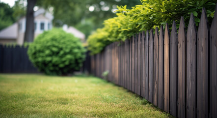 Old dark picket fence with a big hedge in the background, closeup
