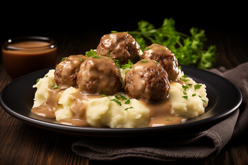 traditional swedish meatballs with meat sauce and mashed potatoes on a plate, close-up. Black background. - obrazy, fototapety, plakaty