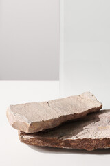 Flat stone pedestal on white background, textured template for mock-up, banner. Minimalism concept, empty podium display product, presentation scene