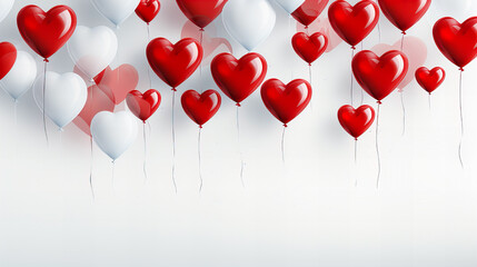 Valentines day background with red and white heart-shaped balloons. Generative AI technology.