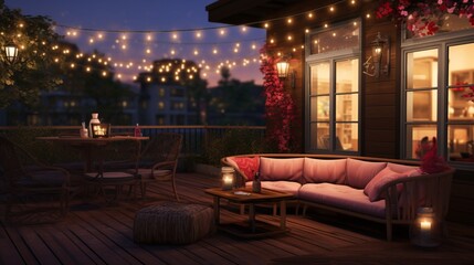 An outdoor patio scene with heart-shaped fairy lights, patterned rugs, and cozy seating for a...