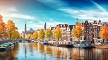  Amsterdam city. Famous Dutch channels and great cityscape - obrazy, fototapety, plakaty