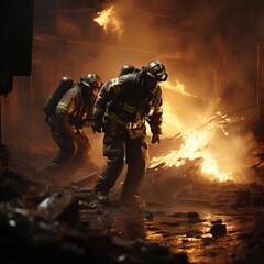 Male firefighter among fire and smoke, dangerous work of fire brigade. A professional firefighter extinguishes the flame. Rear view of a burning house and a man in military uniform. Concept: Fire 
