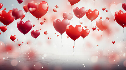 Valentines day background with red and white heart-shaped balloons. Generative AI technology.