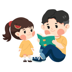 cute little boy read book with baby sister