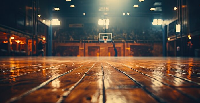 a basketball court has several old hardwood floors