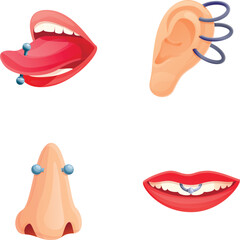 Piercing icons set cartoon vector. Piercing of various body part. Mechanical modification human body