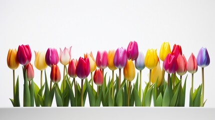 Breathtaking arrangement of rainbow-colored tulips, standing out against a white backdrop.