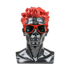 Bust, black head statue of a guy with red glasses isolated on transparent and white background. PNG transparent