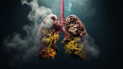 smoker's lungs. Defeat from nicotine. Harm of tar from a cigarette.Generative AI - obrazy, fototapety, plakaty