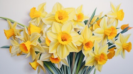Bright yellow daffodils artistically arranged, providing a burst of color on a white canvas.
