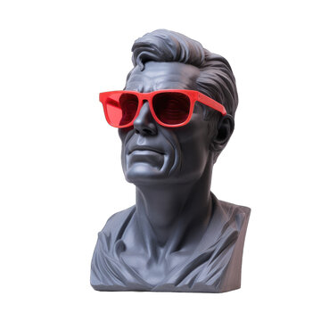Bust, black head statue of a guy with red glasses isolated on transparent and white background. PNG transparent