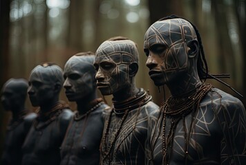 a group of native tribe men with tattoos standing in the forest - Powered by Adobe